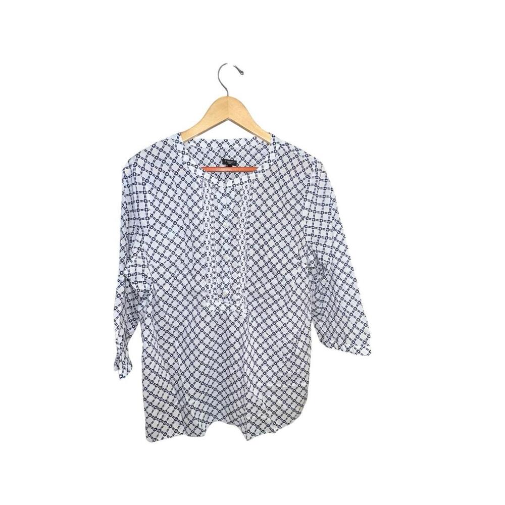 Talbots Petite XLP Navy White Geometric Cotton Blouse 3/4 Sleeve Tunic